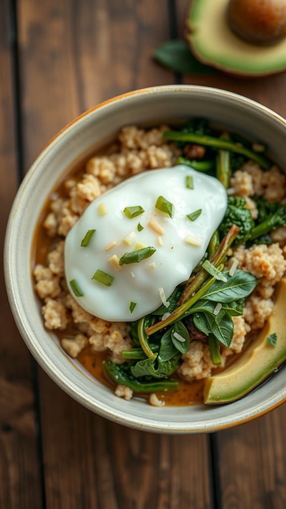 A savory oatmeal bowl with greens and poached egg, garnished with cheese and avocado on a wooden table.
